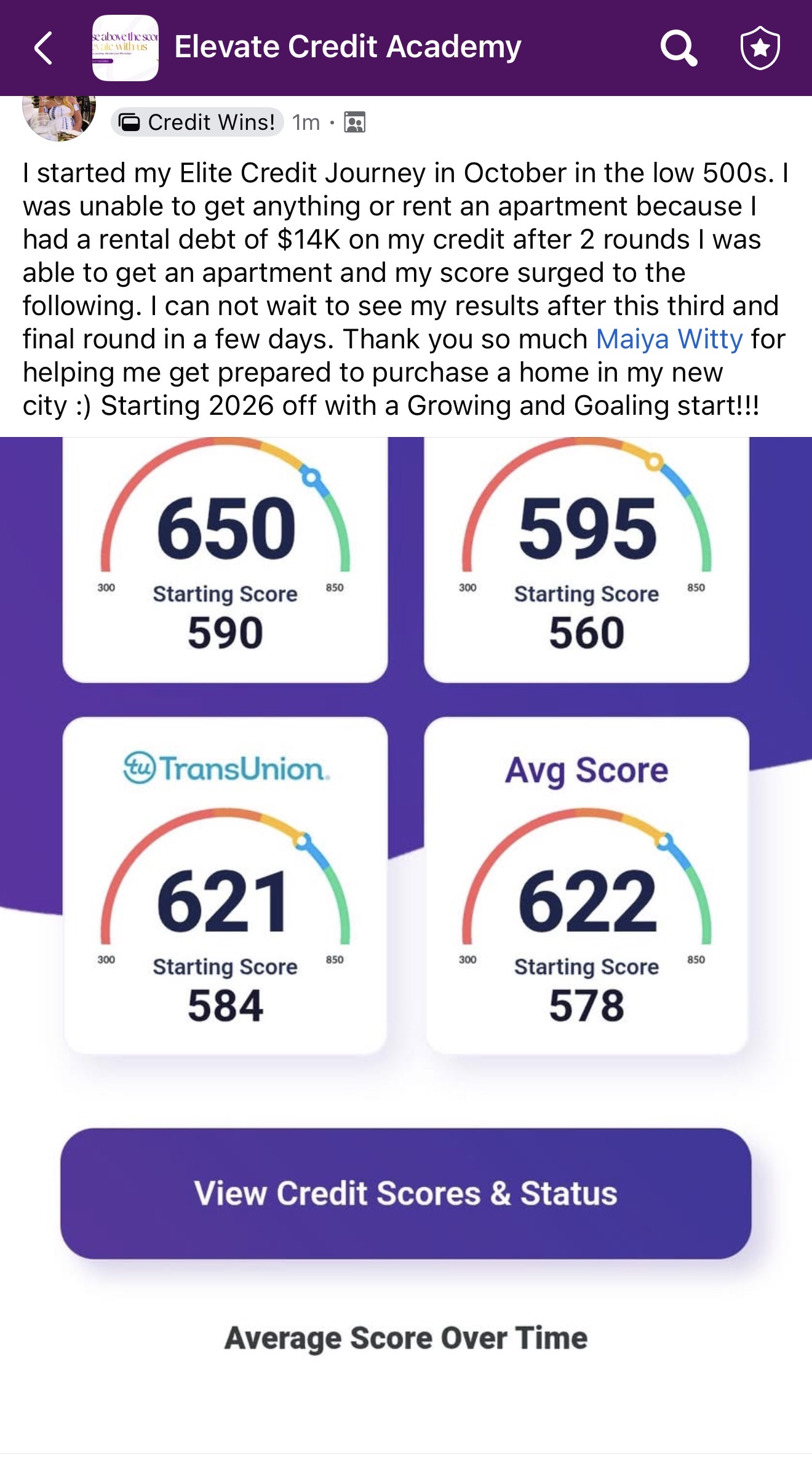 Client progress dashboard showing score increases across all bureaus